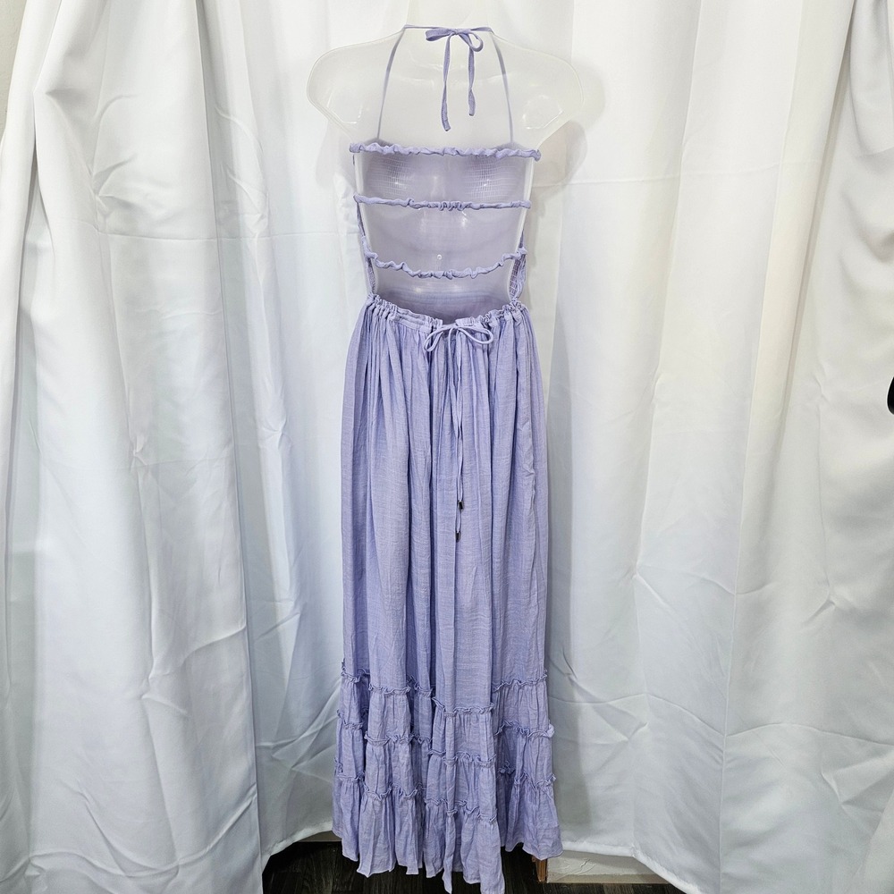 NWT Lavender Smocked Halter Maxi Dress Size L Tiered Ruffle beach peasant boho - Picture 4 of 11